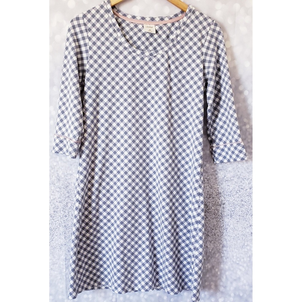 Soma Embraceable Gingham Print  Pink & Gray Sleepshirt Night Dress Size XS